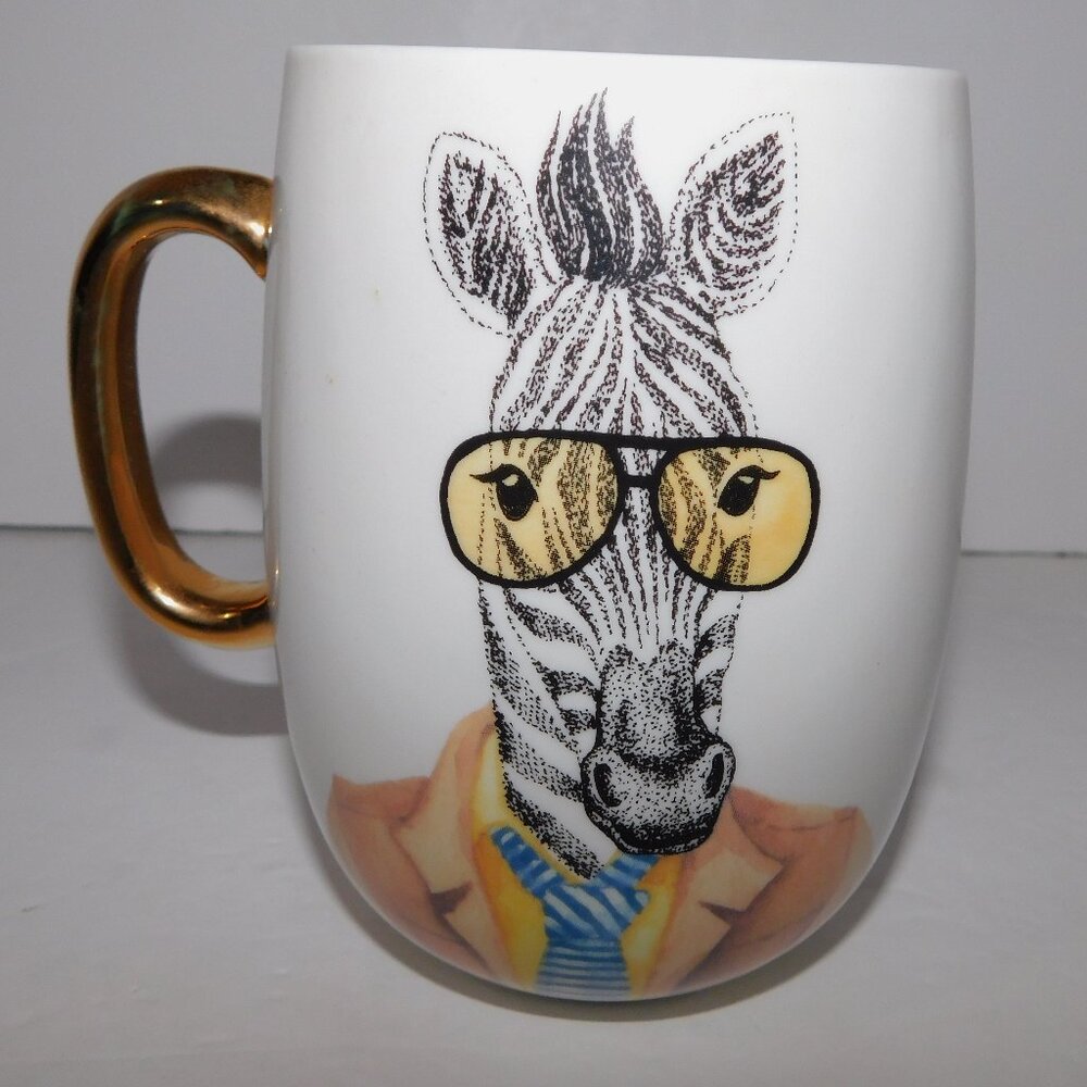 Pier 1 ONE Imports 80s Zebra PI wearing Glasses Gold Handle Coffee tea Mug